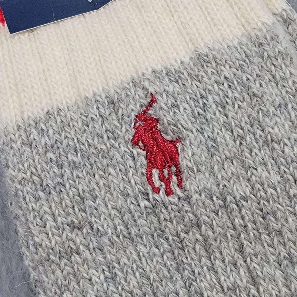 Polo Ralph Lauren Ragg Wool Boot Socks Mens 10-13 Gray Red Stripe Pony Mid Calf